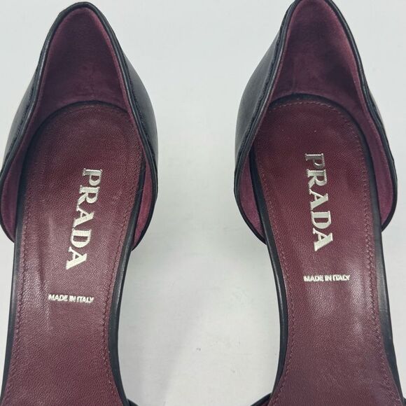 PRADA | Black Leather Heels with Silver Buckle D’Orsay Pumps Women’s Size 39 - Picture 10 of 12